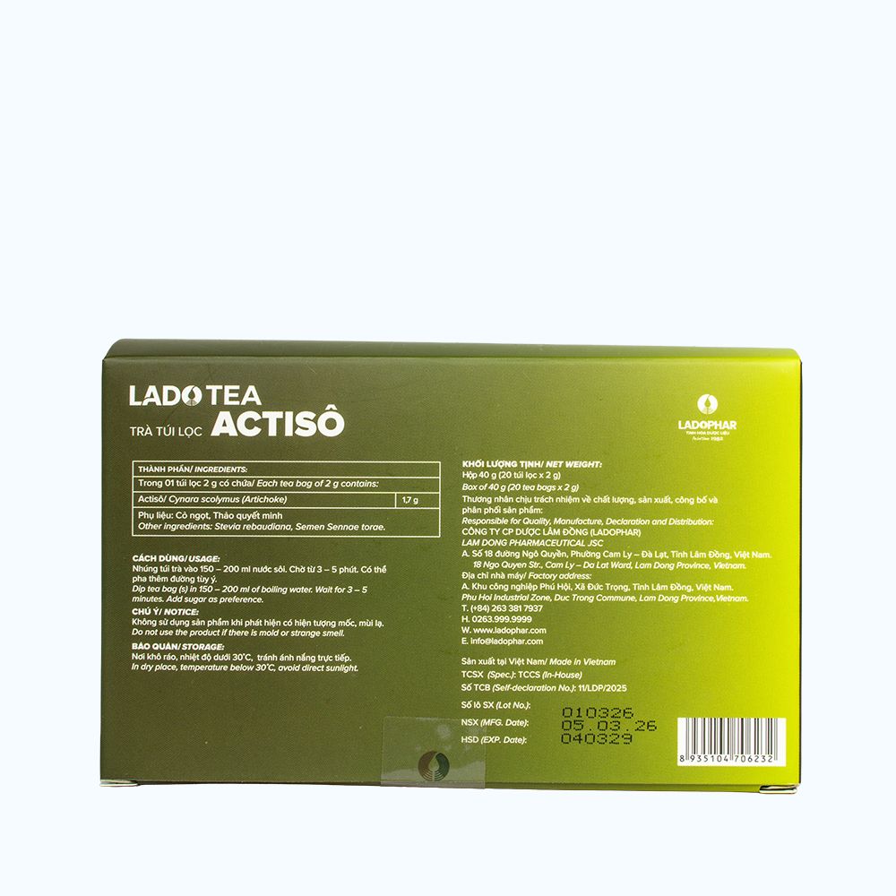 Lado Tea LADOPHAR Lado Tea Trà Túi Lọc Actiso (Hộp 20 túi lọc x 2g)