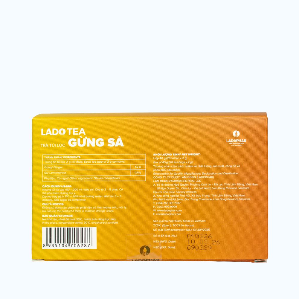 Lado Tea LADOPHAR Lado Tea Trà Túi Lọc Gừng Sả (Hộp 20 túi lọc x 2g)