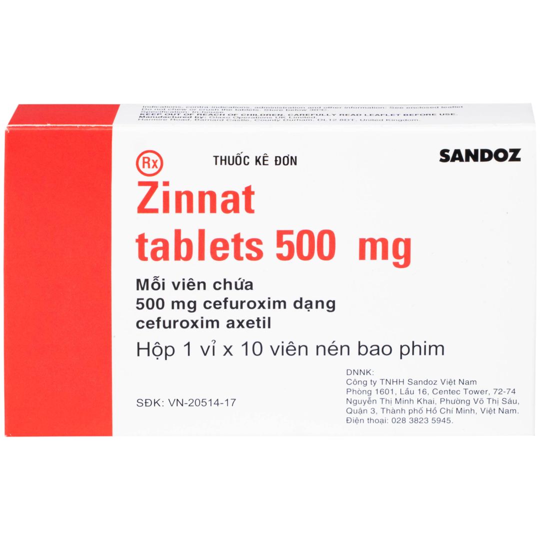 HỘP THUỐC ZINNAT 500MG NHÃN XANH TRẮNG GHI RÕ TÊN SẢN PHẨM VÀ HÀM LƯỢNG CEFUROXIM
