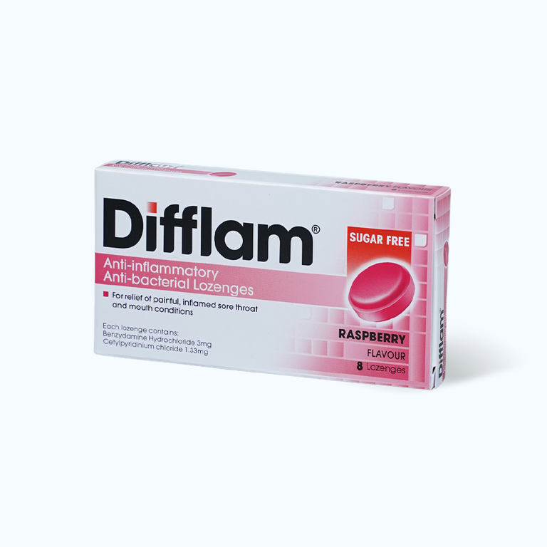 Difflam Rasp Viên ngậm Difflam Lozenges (Raspberry) giảm đau và sưng viêm họng (1 vỉ ...