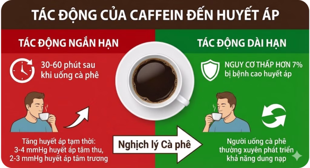 Caffeine tác động lên các thụ thể thần kinh và hormone gây co mạch tạm thời